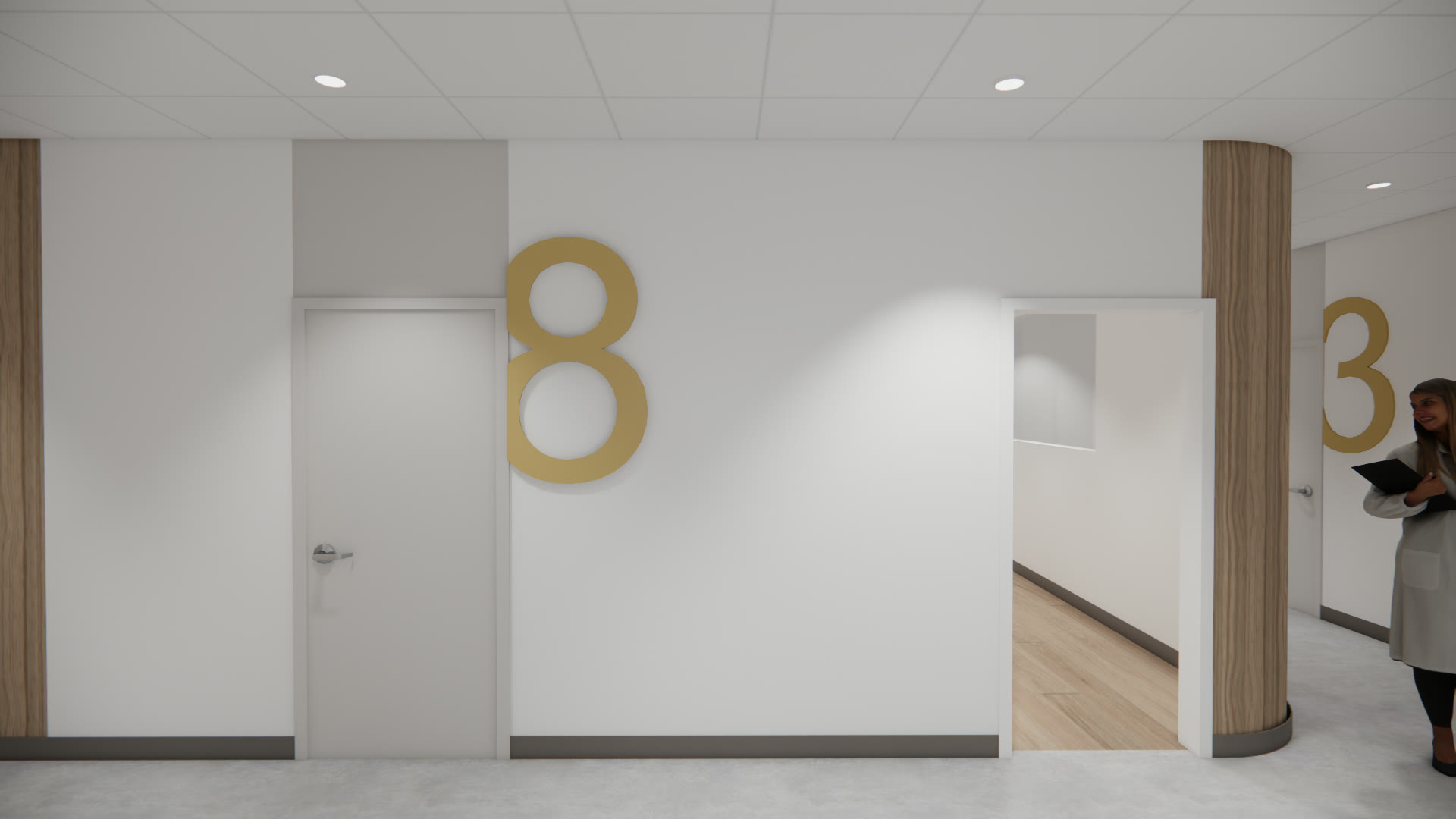 Rendu 3D du corridor du Cabinet Dento-Esthétique à Lebourgneuf, Québec